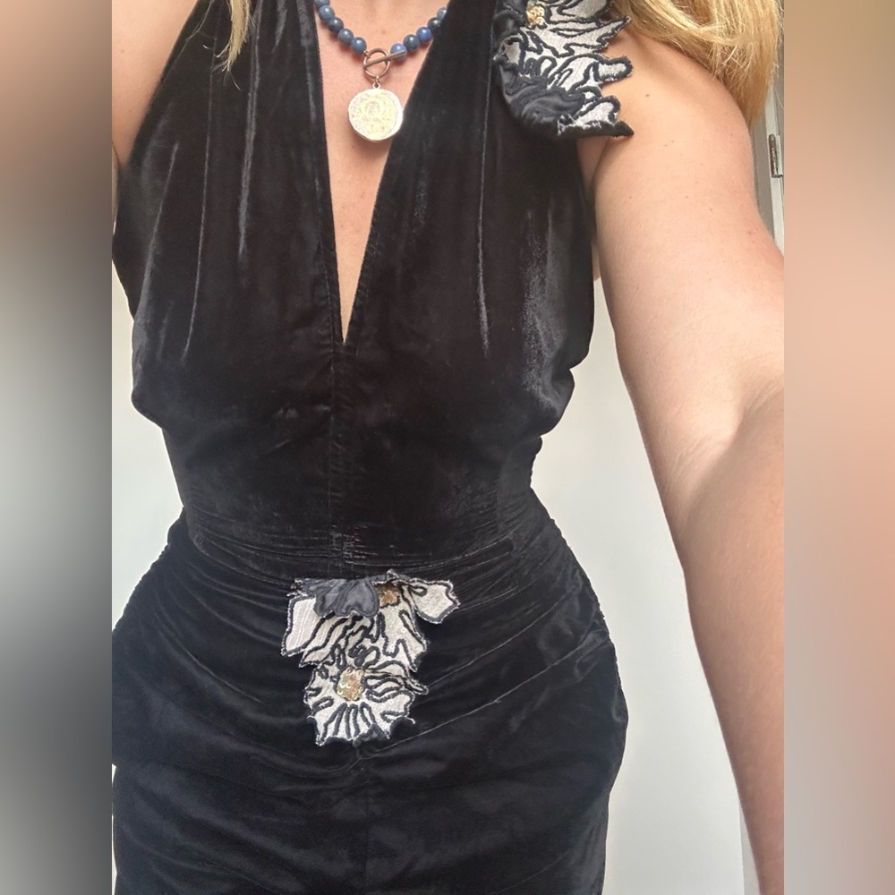 Samant Chauhan Black Velvet Jumpsuit with Embroidered Applique